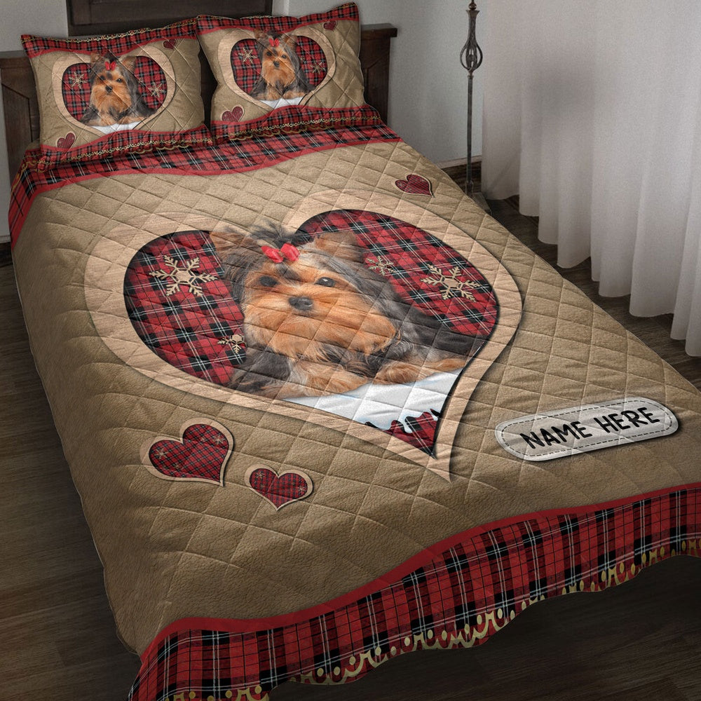 Personalized Yorkshire Quilt Set, Yorkshire Terriermas Heart Red Plaid Quilt Blanket
