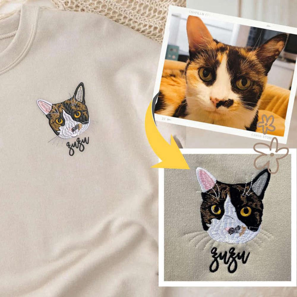 Photo Embroidered Sweatshirt, Personalized Pet Photo Embroidered Sweatshirt 2D Crewneck Sweatshirt For Pet Lover, Christmas Gift