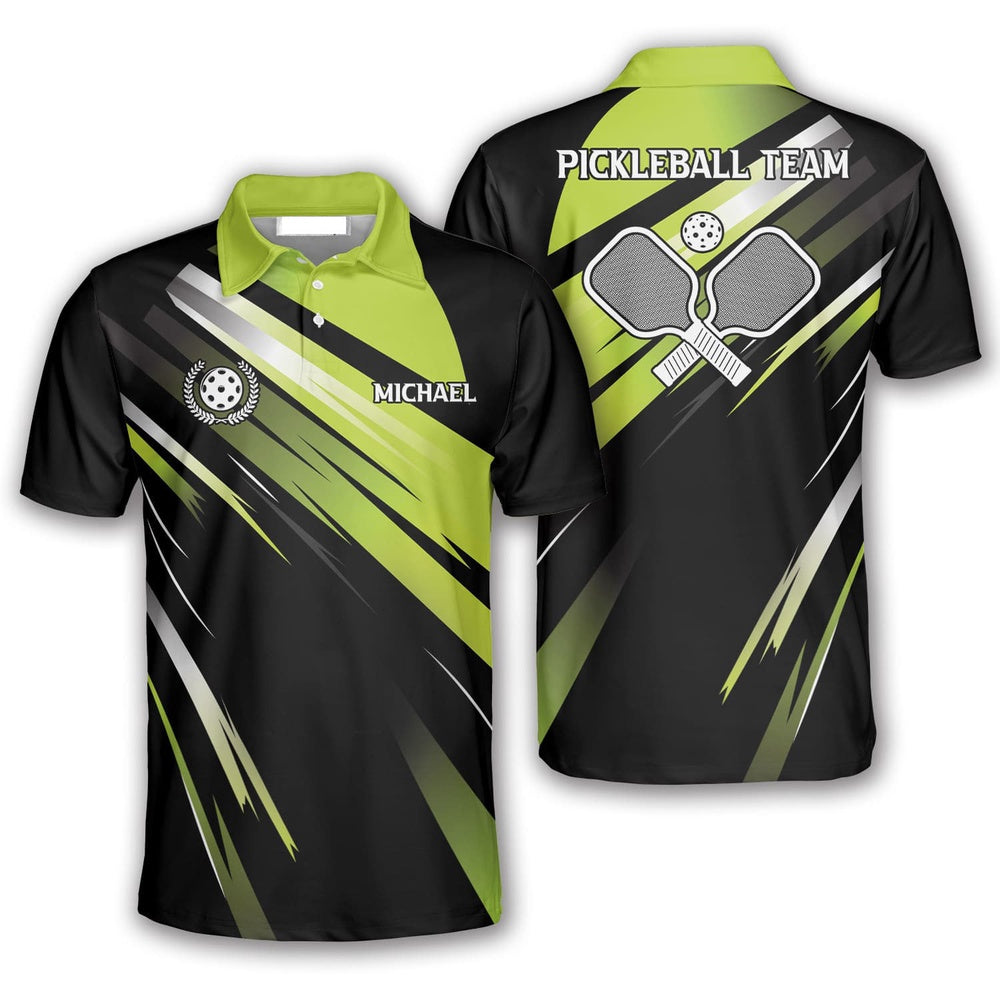 Pickleball Polo Shirts, Abstract Green Stripe Pickleball Polo Shirts