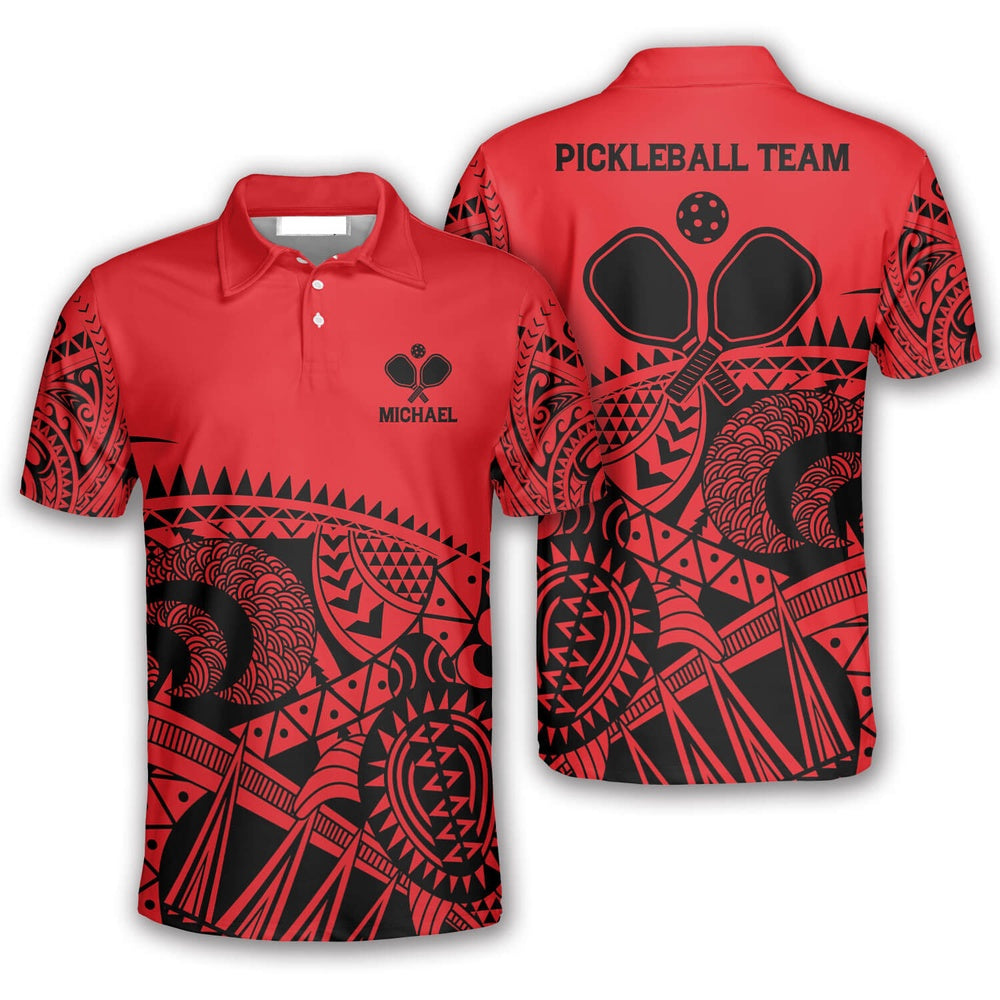Pickleball Polo Shirts, Black And Red Tribal Pickleball Polo Shirts