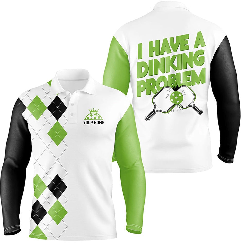 Pickleball Polo Shirts, Custom Green Argyle Pattern Funny Pickleball Shirts For Men Sayings I Have Dinking Problem