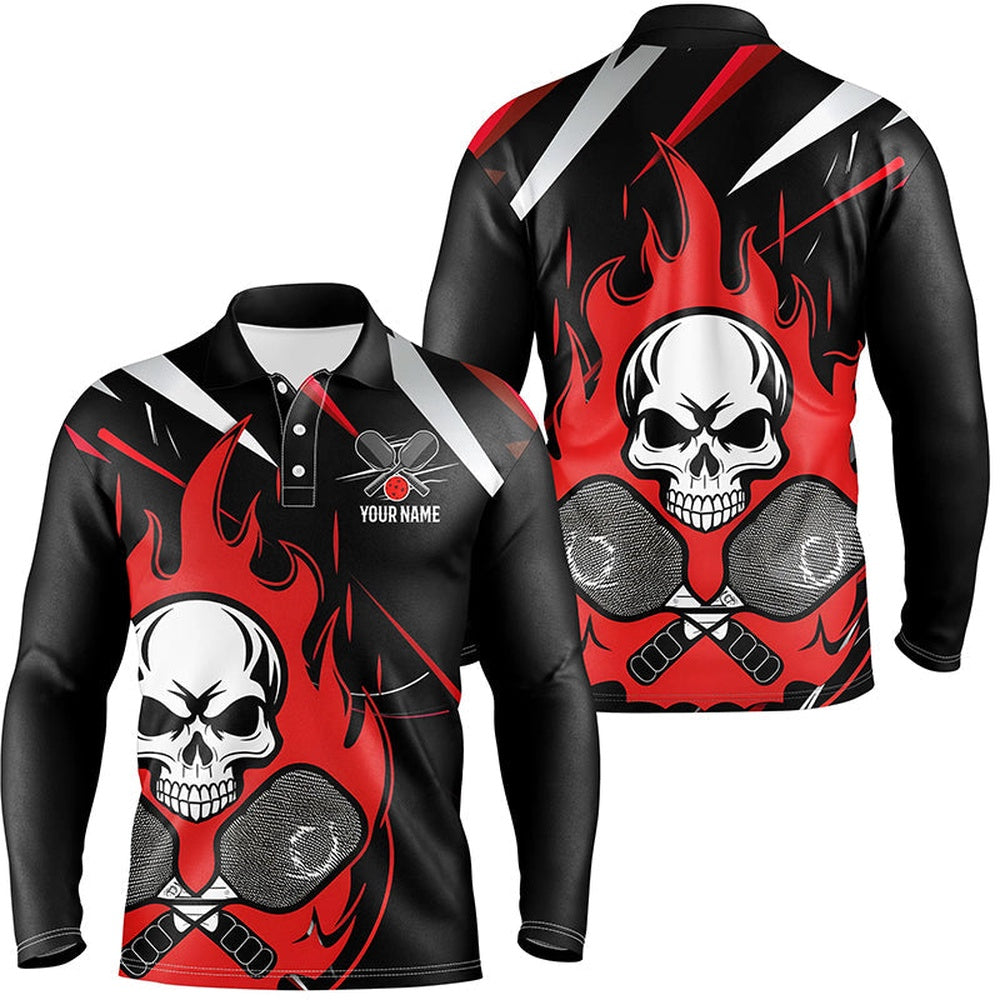 Pickleball Polo Shirts, Custom Red Flame Pickleball Shirts For Men, Skull Pickleball Jerseys For Team