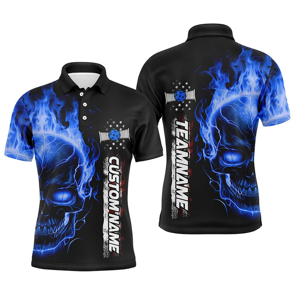 Pickleball Polo Shirts, Flame Skull Blue American Flag Custom Team Pickleball Shirts For Men, Patriotic Pickleball Jerseys