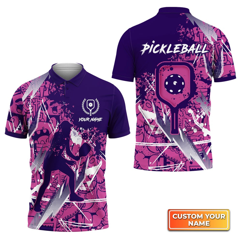 Pickleball Polo Shirts, Pickleball - Scritch Woman Purple Pink Pattern Personalized Name 3D Polo Shirt