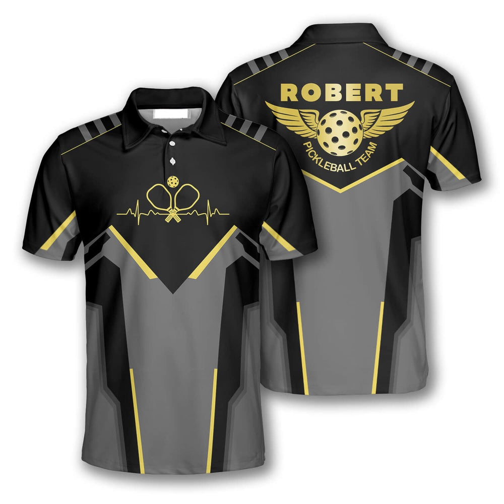 Pickleball Polo Shirts, Pickleball Heartbeat Pulse Line Wings Custom Pickleball Polo Shirts