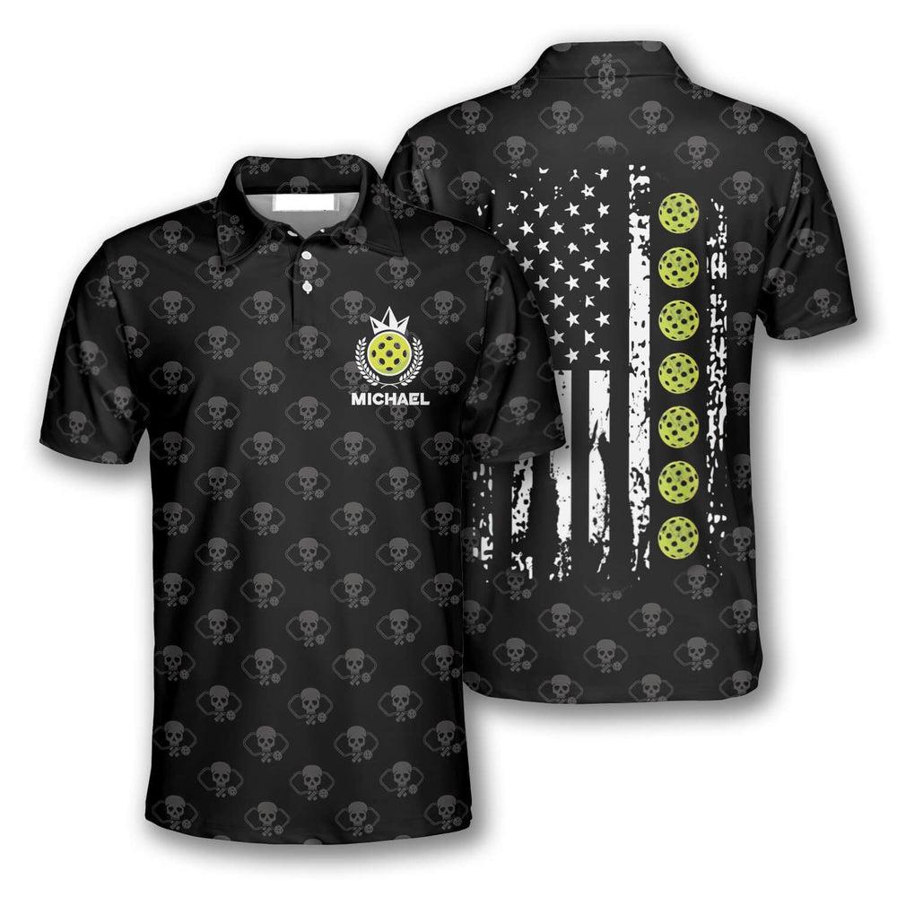 Pickleball Polo Shirts, Skull Pattern American Flag Custom Pickleball Polo Shirts