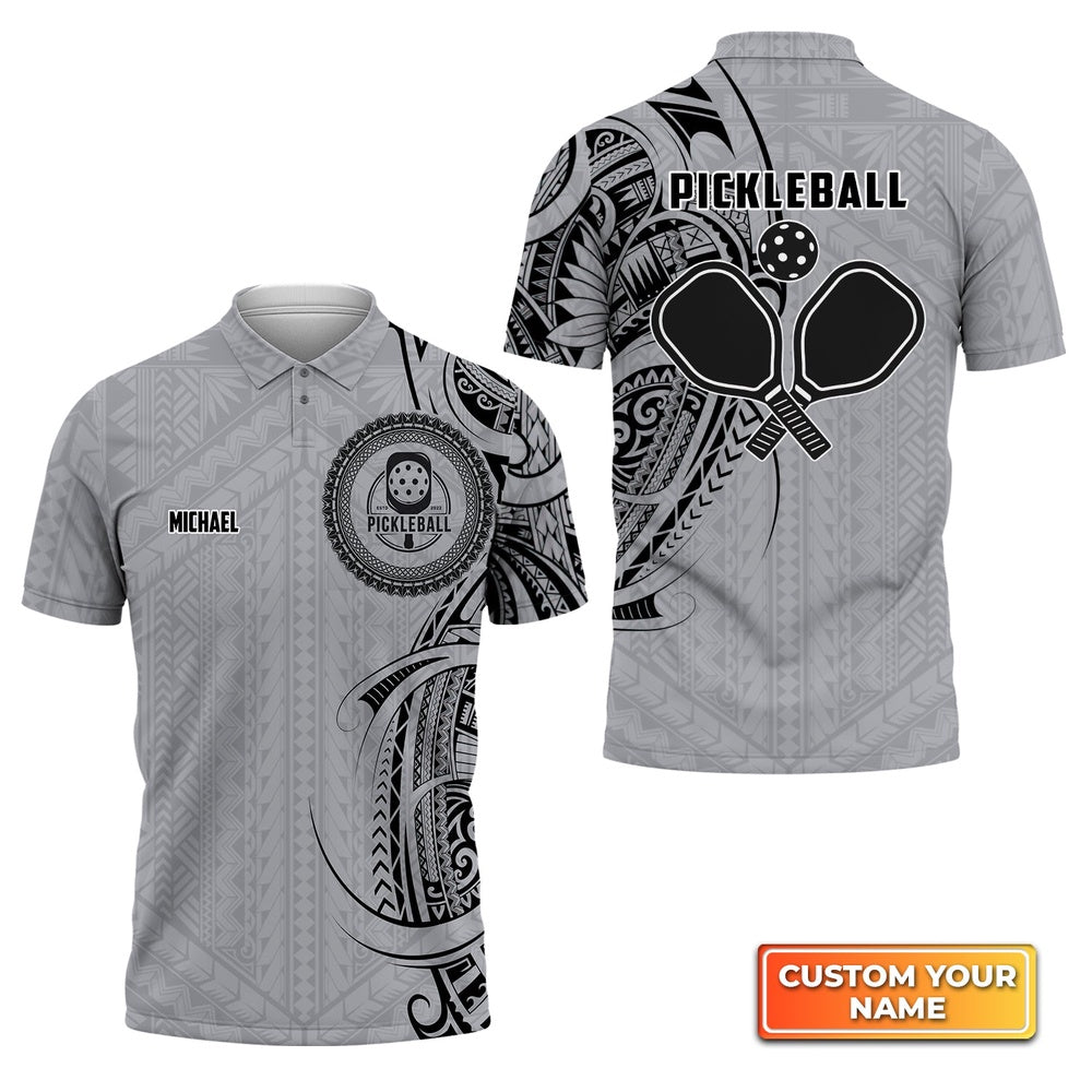 Pickleball Polo Shirts, Strike Grey Tribal Tattoo Personalized Name 3D Polo Shirt