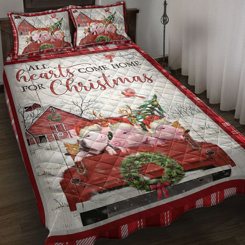 Pig Quilt Set, Pig With Truckmas Tree Snowflake Cozy Farmho Use Red Plaid Quilt Blanket