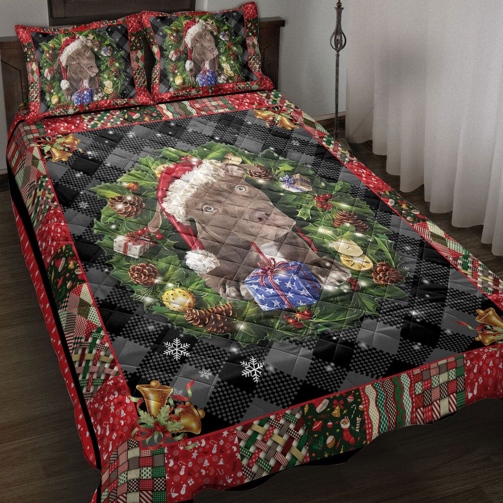 Pitbull Quilt Set, Pitbull Wearingmas Hat Wreath Dog Quilt Blanket