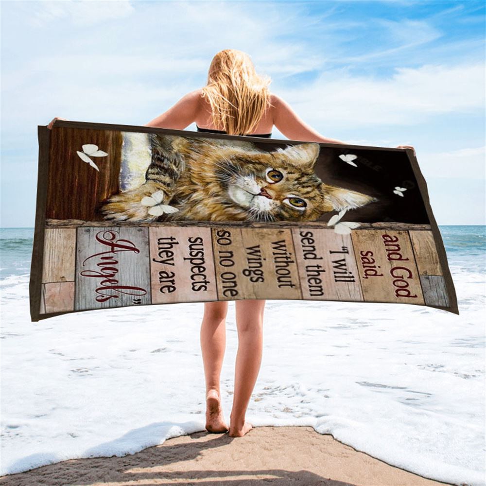Pretty Cat Drawing And God Said I Will Send Them Without Wings Beach Towel, Christian Beach Towel, Christian Gift, Gift For Women