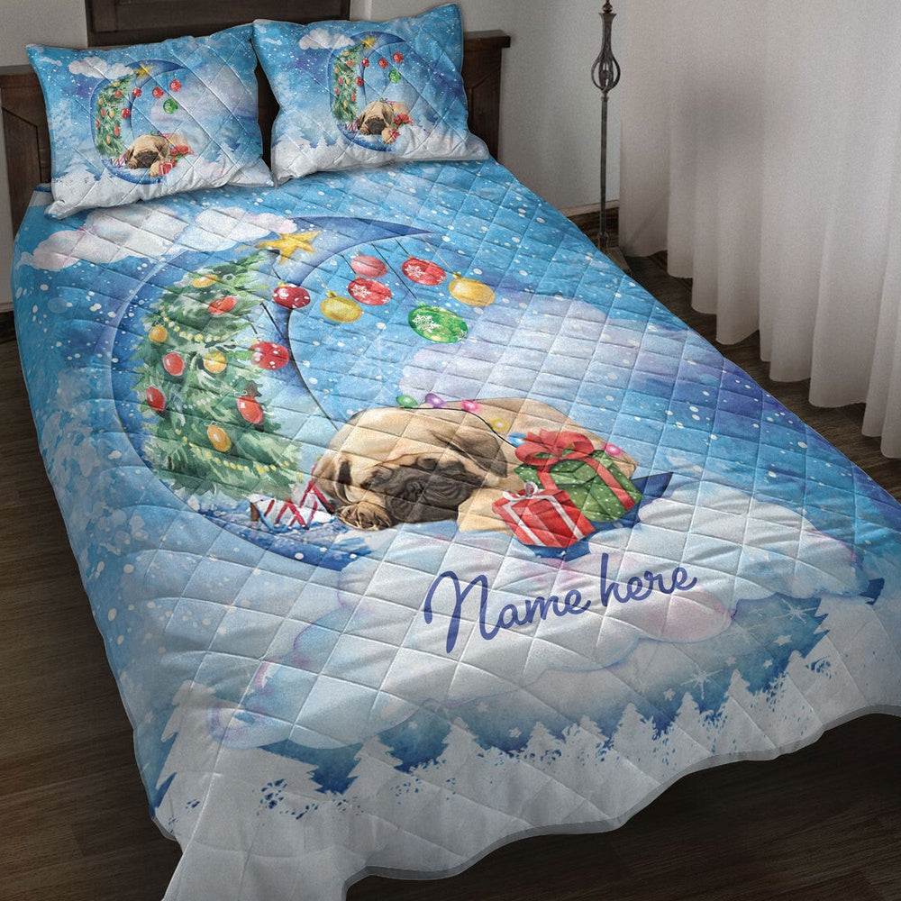Pug Quilt Set, Pug Sleeping On The Moon Snowflakemas Tree Box Dog Quilt Blanket