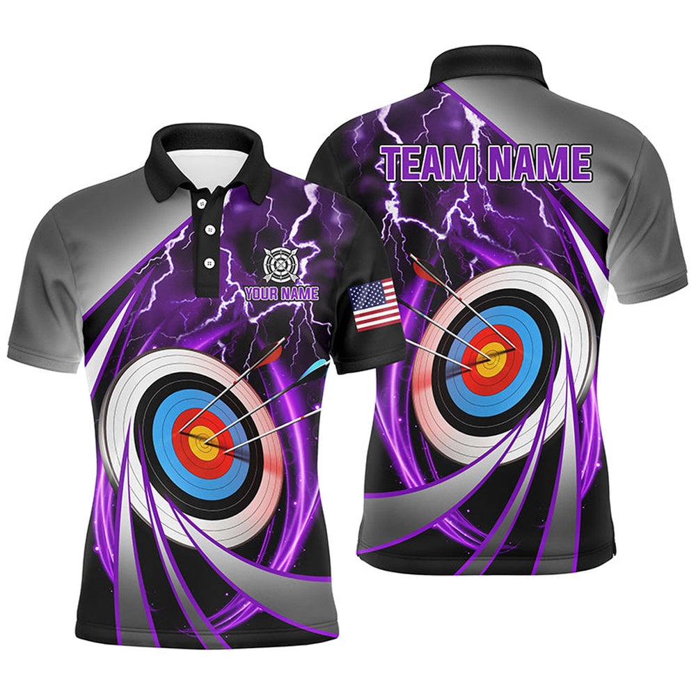 Purple Archery Target Thunder Lightning Personalized Men Polo Shirts, Team League Archery Shirts, Archery Team Shirts, Custom Archery Shirts