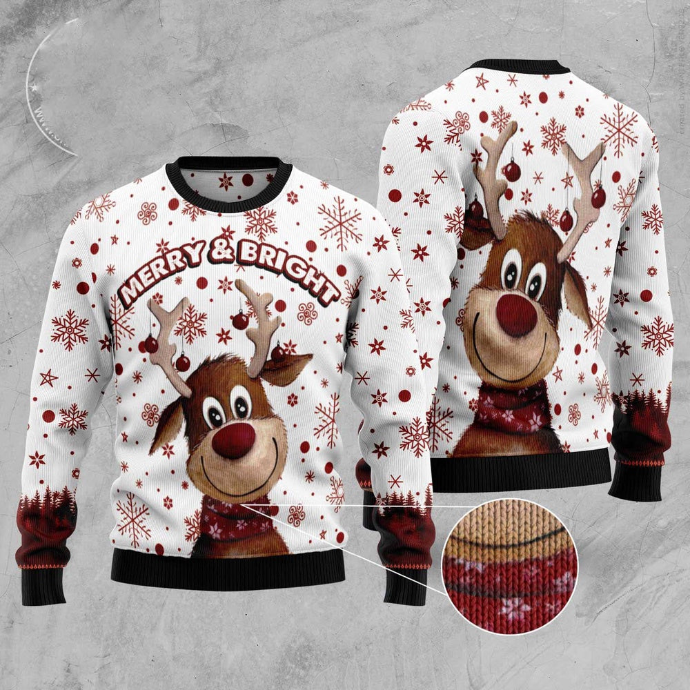 Reindeer Merry & Bright Ugly Christmas Sweater, Funny Xmas Sweater, Sweater Xmas