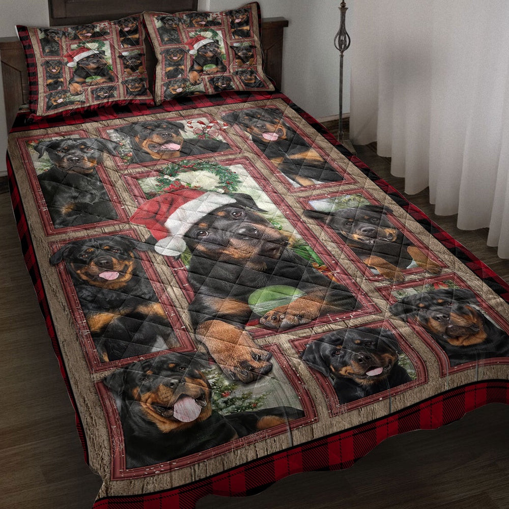 Rottweiler Quilt Set, Rottweilermas With Santa Hat Patchwork Window Red Quilt Blanket