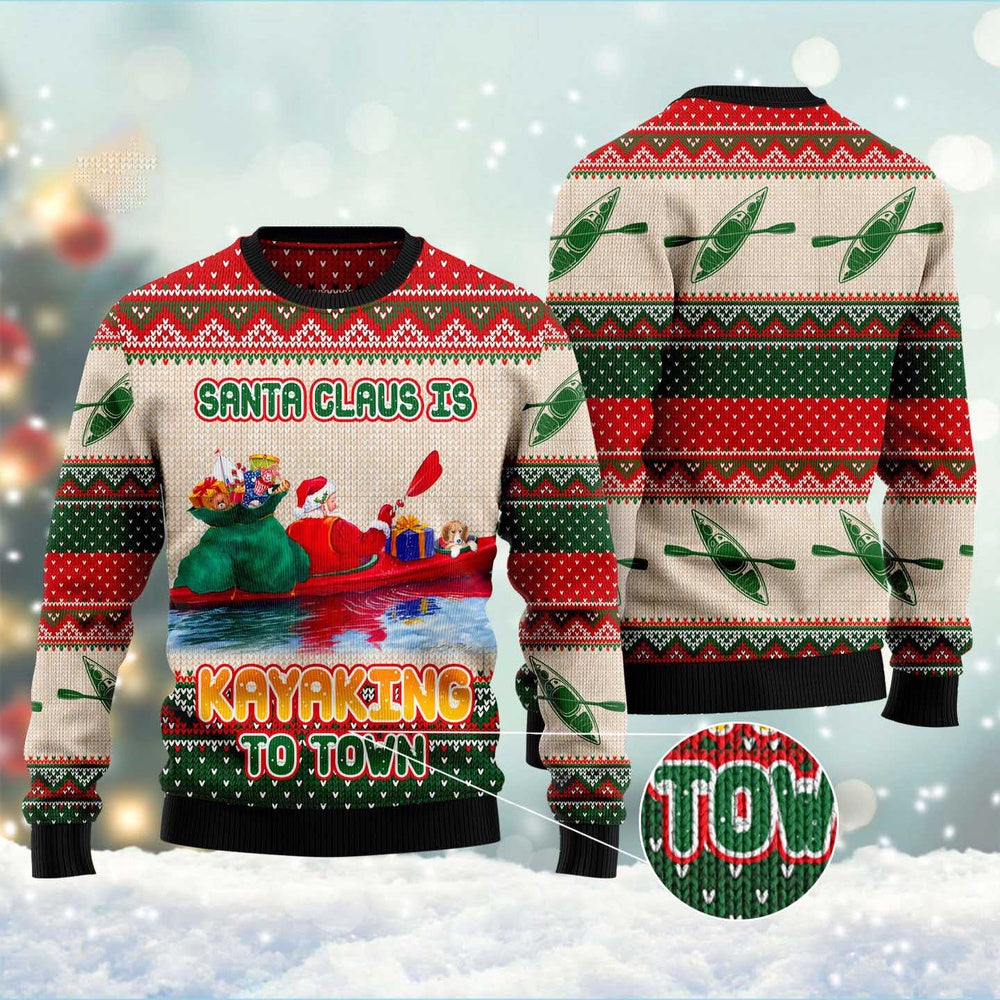 Santa Claus Is Kayaking To Town Ugly Christmas Sweater, Funny Xmas Sweater, Sweater Xmas