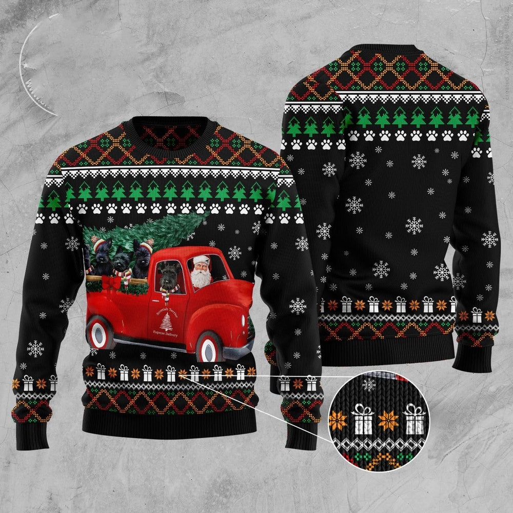 Scottish Terrier And Red Truck Ugly Christmas Sweater, Funny Xmas Sweater, Sweater Xmas