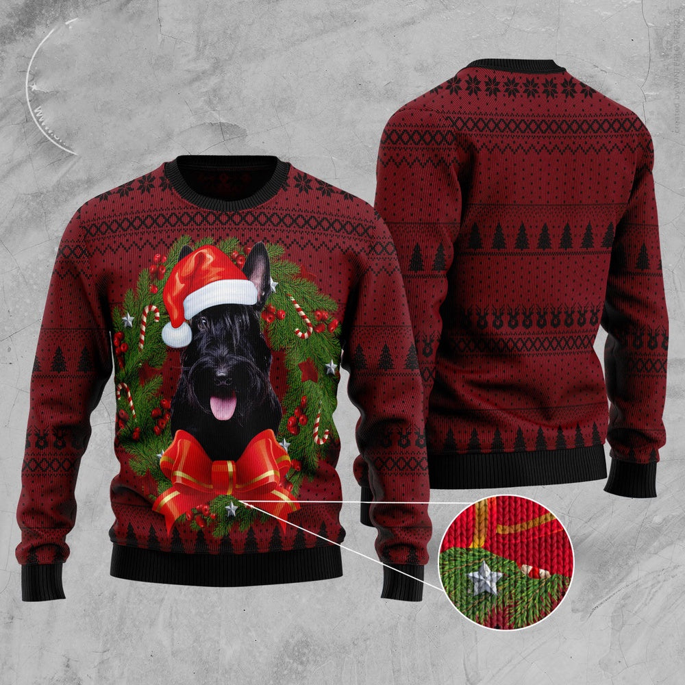 Scottish Terrier Wreath Ugly Christmas Sweater, Funny Xmas Sweater, Sweater Xmas