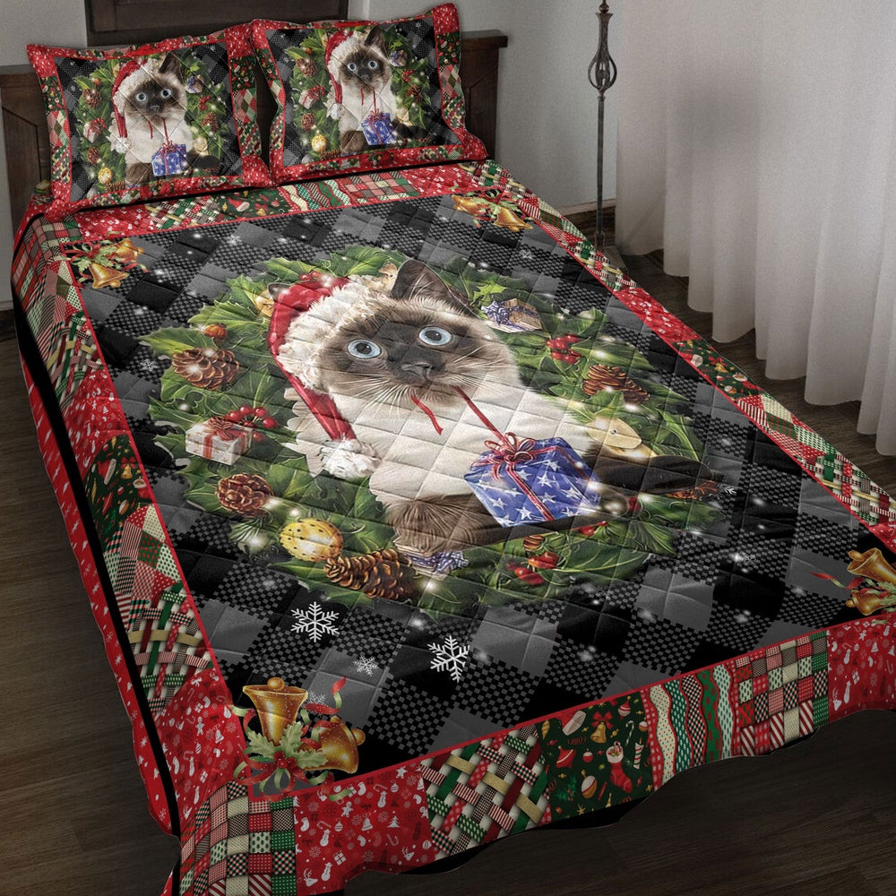 Siamese Quilt Set, Siamese Cat Wearingmas Hat Wreath Cat Quilt Blanket