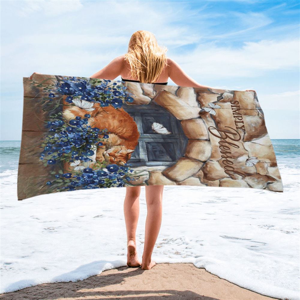 Simply Blessed Sleeping Cat Stone Wall Beach Towel - Bible Verse Beach Towel - Inspirational Art - Christian Beach Towel