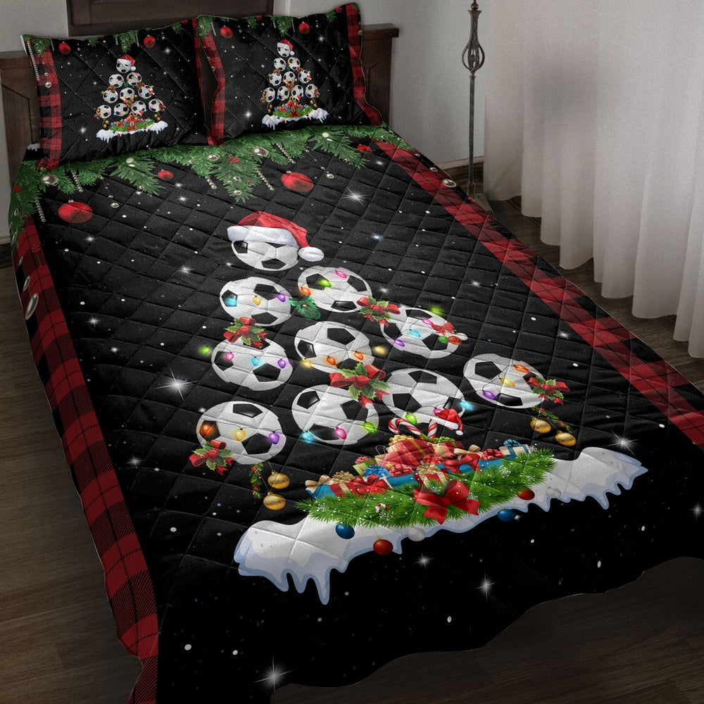 Soccer Quilt Set, Soccermas Tree Snowflake Box Red Buffalo Plaids Quilt Blanket
