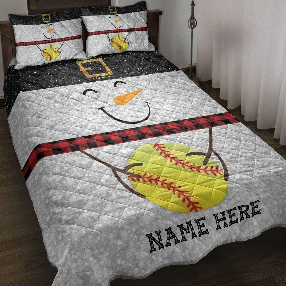 Softball Quilt Set, Funny Snowman Bringmas Softball Glitter Buffalo Plaid Quilt Blanket