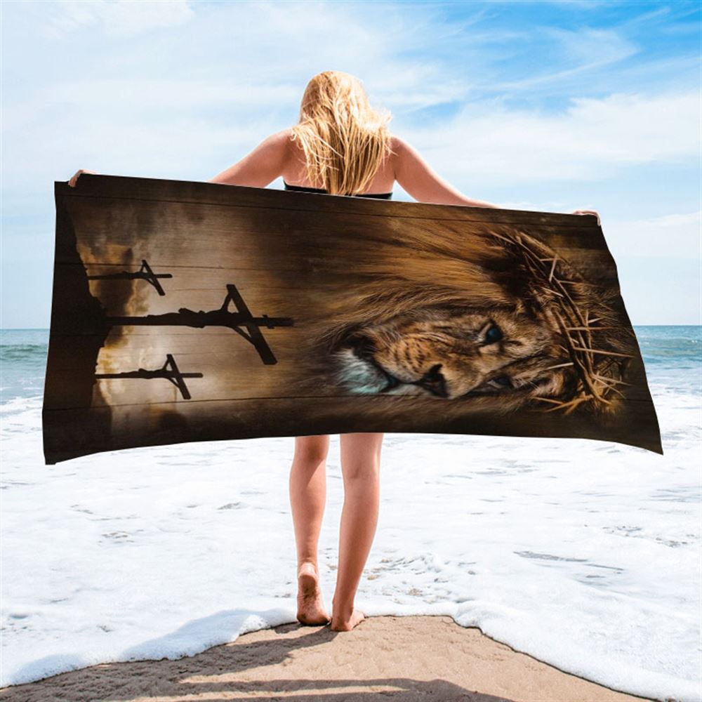 Stunning Lion, Big Crown Of Thorn, Jesus On The Cross Beach Towel, Christian Beach Towel, Christian Gift, Gift For Women
