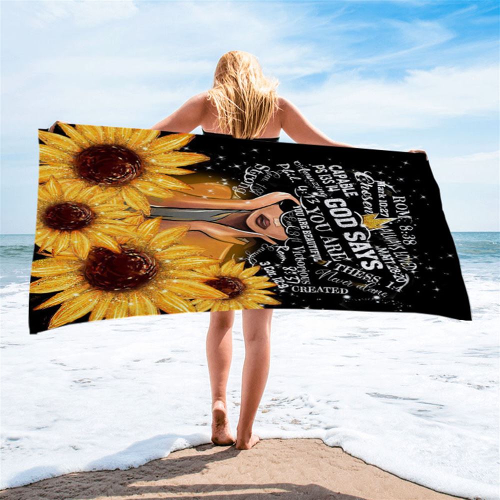Sunflower Black Girl Beach Towel - God Says You Are Sunflower Beach Towel - Religious Beach Towel