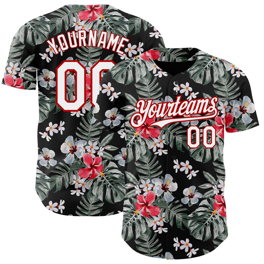 Team Jerseys Baseball, Custom Black White Red 3D Pattern Design Tropical Hawaii Plant Authentic Baseball Jersey, Logo Baseball Jersey