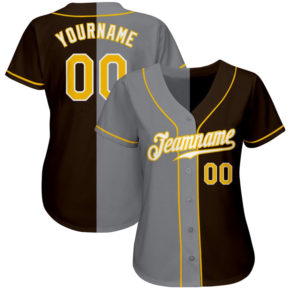 Team Jerseys Baseball, Custom Brown Gold Gray Authentic Split Fashion Baseball Jersey, Logo Baseball Jersey