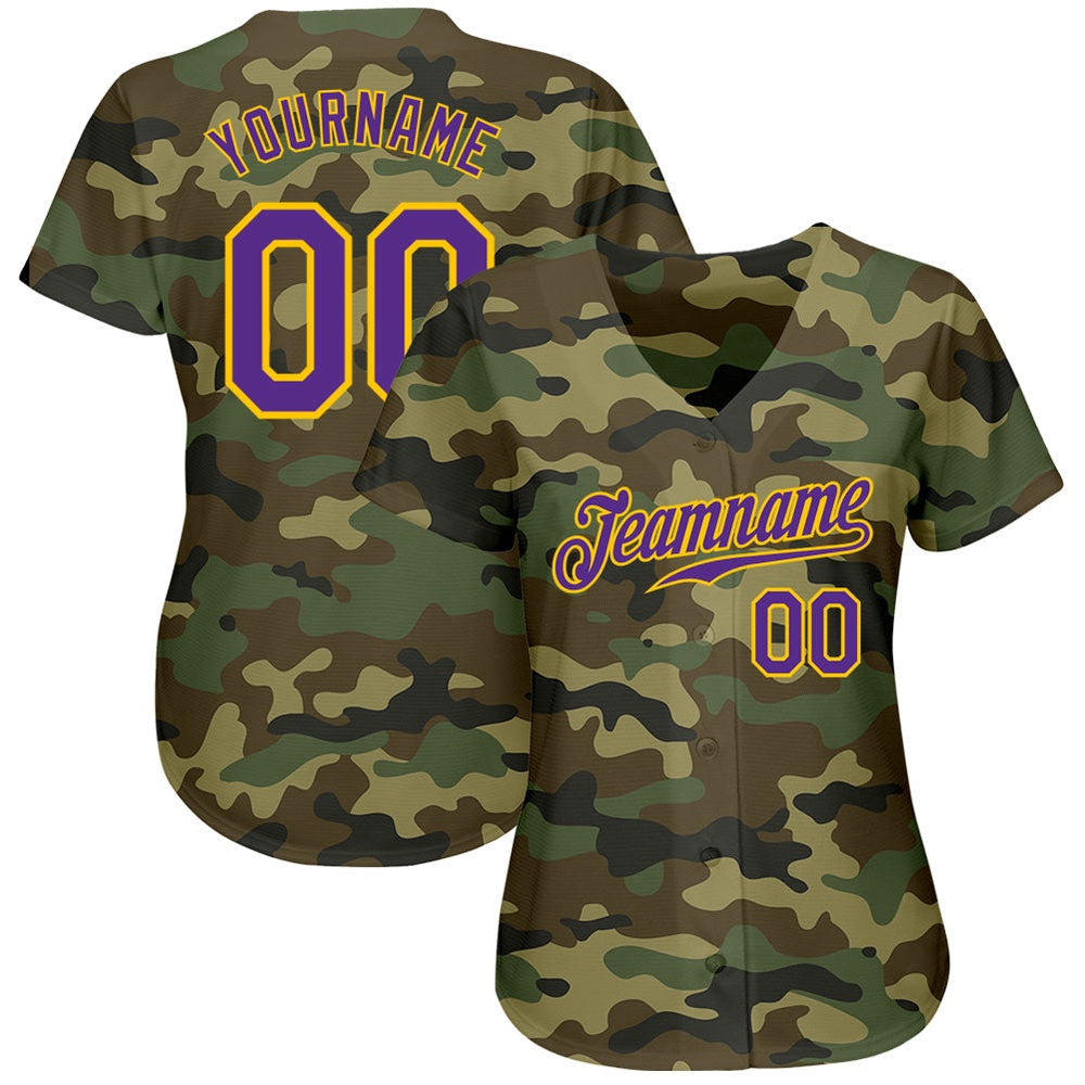 Team Jerseys Baseball, Custom Camo Purple Gold Authentic Salute To Service Baseball Jersey, Logo Baseball Jersey