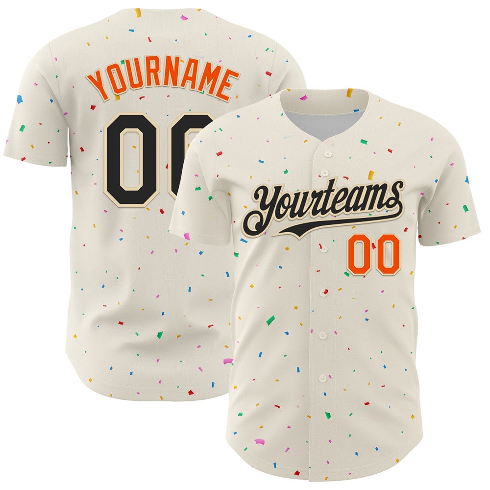 Team Jerseys Baseball, Custom Cream Black Orange 3D Pattern Design Confetti Authentic Baseball Jersey, Logo Baseball Jersey
