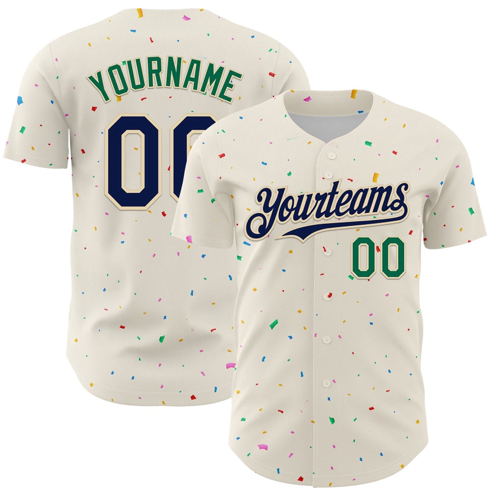 Team Jerseys Baseball, Custom Cream Navy Kelly Green 3D Pattern Design Confetti Authentic Baseball Jersey, Logo Baseball Jersey