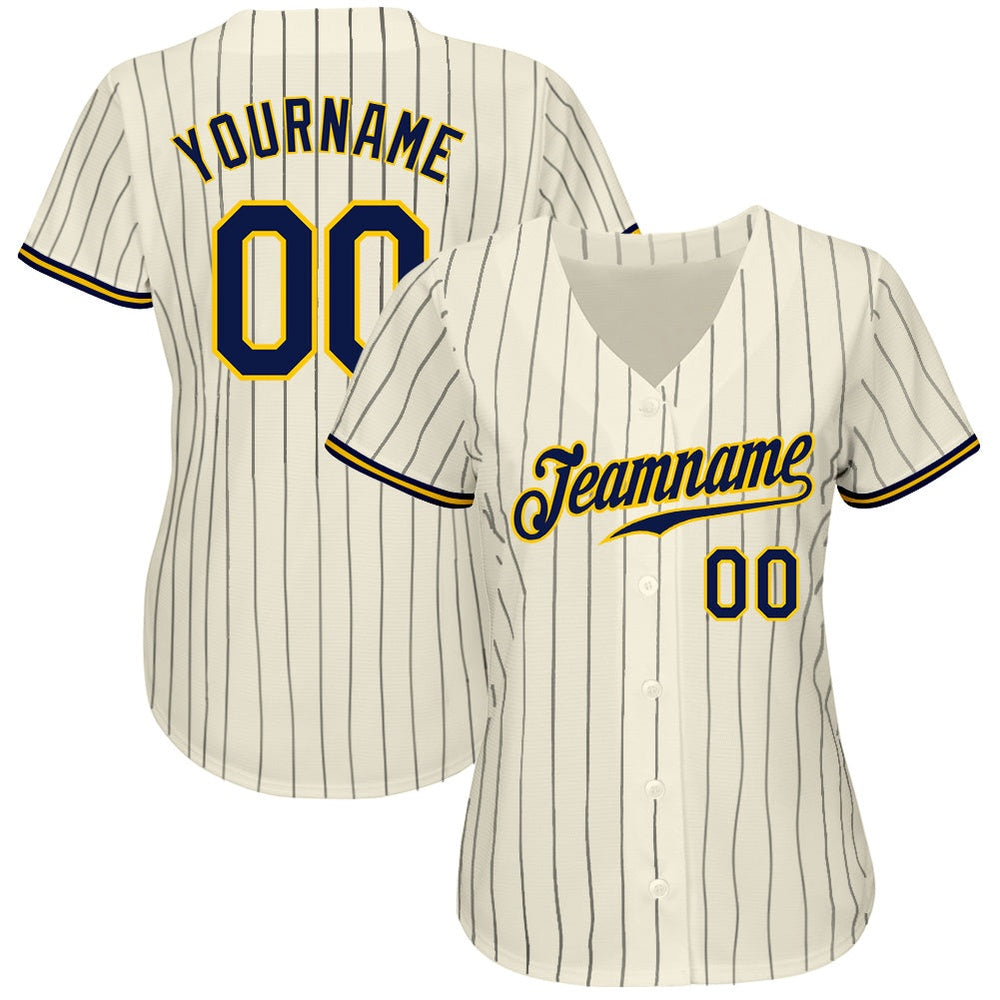 Team Jerseys Baseball, Custom Cream Navy Pinstripe Navy Gold Authentic Baseball Jersey, Logo Baseball Jersey