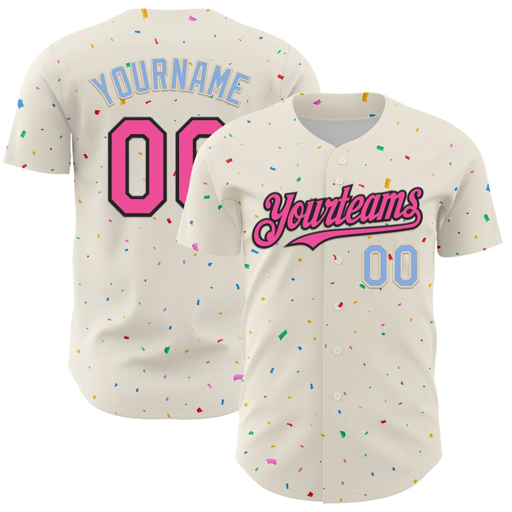 Team Jerseys Baseball, Custom Cream Pink Black Light Blue 3D Pattern Design Confetti Authentic Baseball Jersey, Logo Baseball Jersey