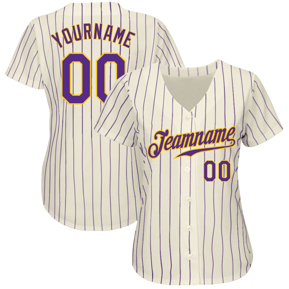 Team Jerseys Baseball, Custom Cream Purple Pinstripe Purple Gold Authentic Baseball Jersey, Logo Baseball Jersey