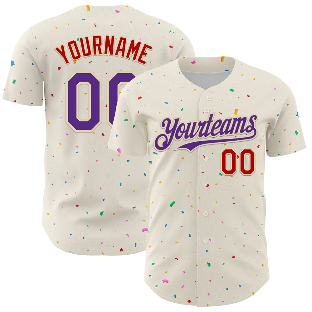 Team Jerseys Baseball, Custom Cream Purple Red 3D Pattern Design Confetti Authentic Baseball Jersey, Logo Baseball Jersey
