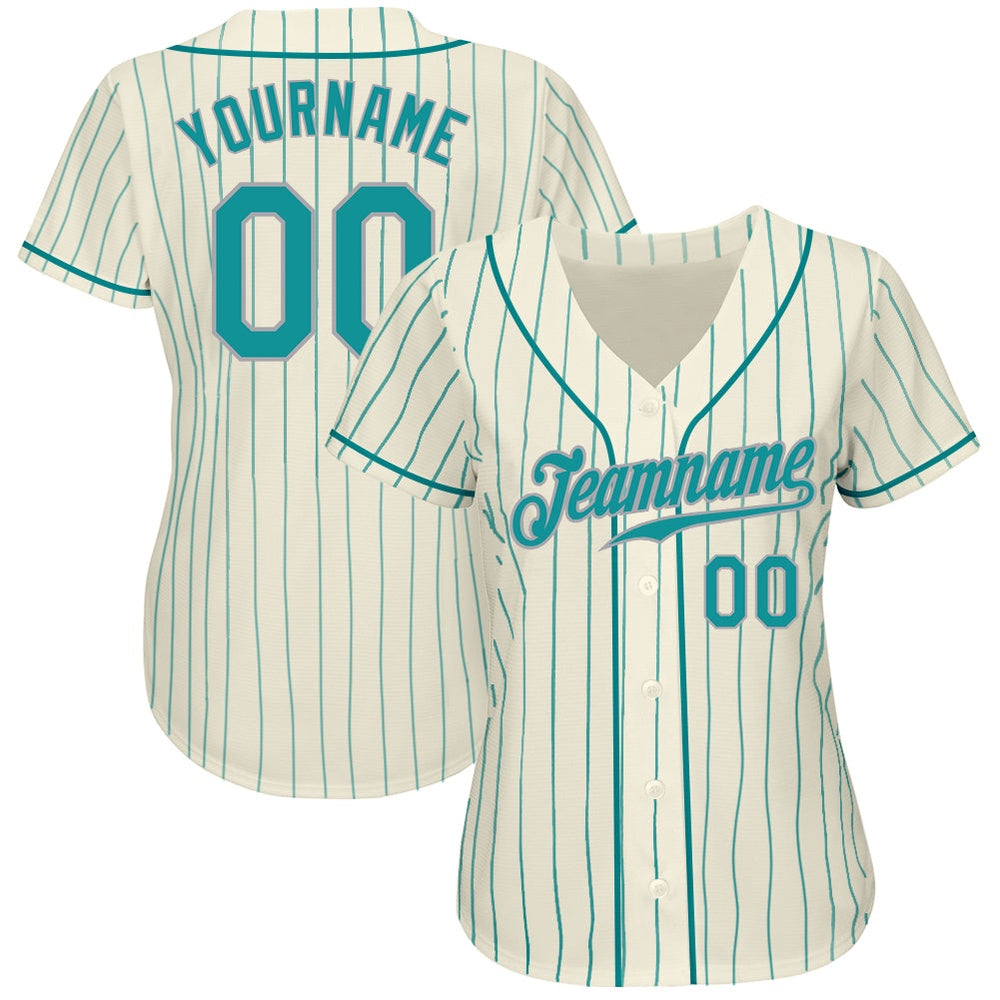 Team Jerseys Baseball, Custom Cream Teal Pinstripe Teal Gray Authentic Baseball Jersey, Logo Baseball Jersey