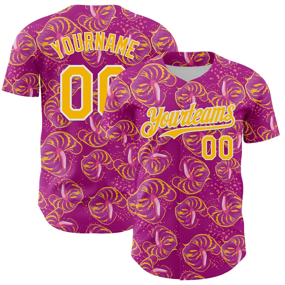 Team Jerseys Baseball, Custom Deep Pink Gold White 3D Pattern Design Tropical Anthurium Flower Authentic Baseball Jersey