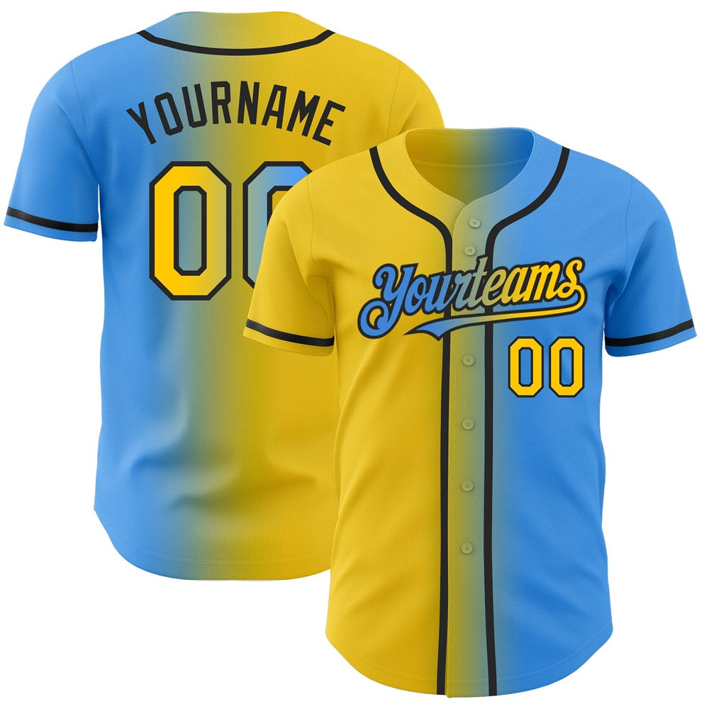 Team Jerseys Baseball, Custom Electric Blue Yellow Black Authentic Gradient Fashion Baseball Jersey, Logo Baseball Jersey