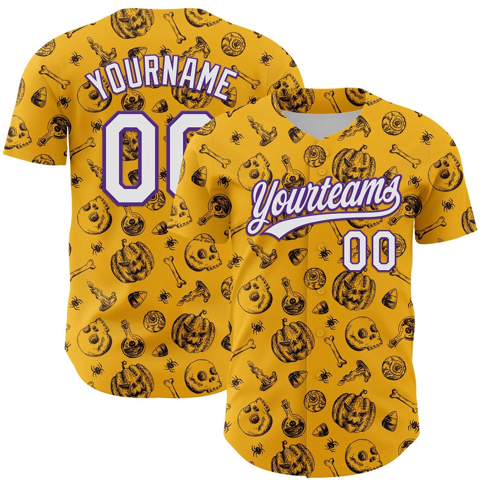 Team Jerseys Baseball, Custom Gold White Purple 3D Halloween Authentic Baseball Jersey, Logo Baseball Jersey