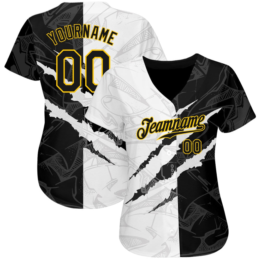 Team Jerseys Baseball, Custom Graffiti Pattern Black Gold 3D Scratch Authentic Baseball Jersey, Logo Baseball Jersey