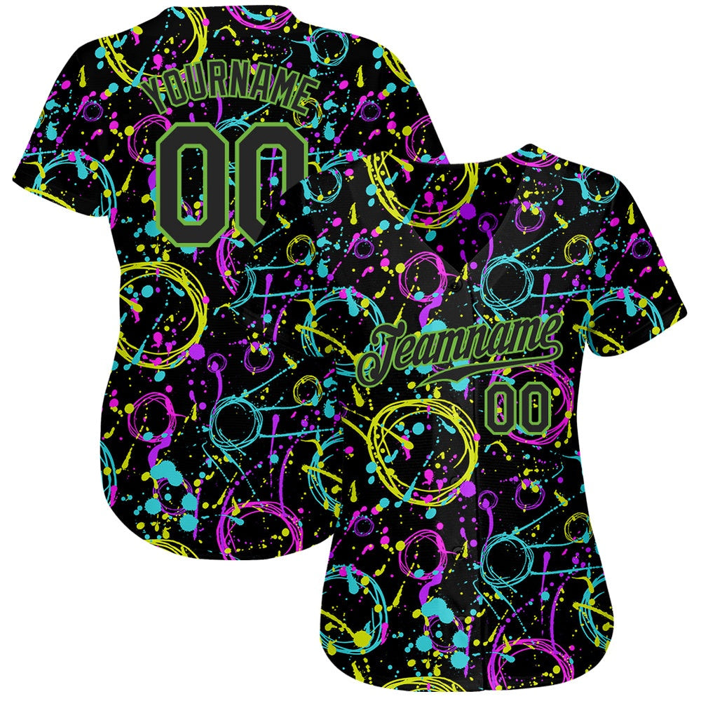 Team Jerseys Baseball, Custom Graffiti Pattern Black Neon Green 3D Neon Splatter Authentic Baseball Jersey, Logo Baseball Jersey