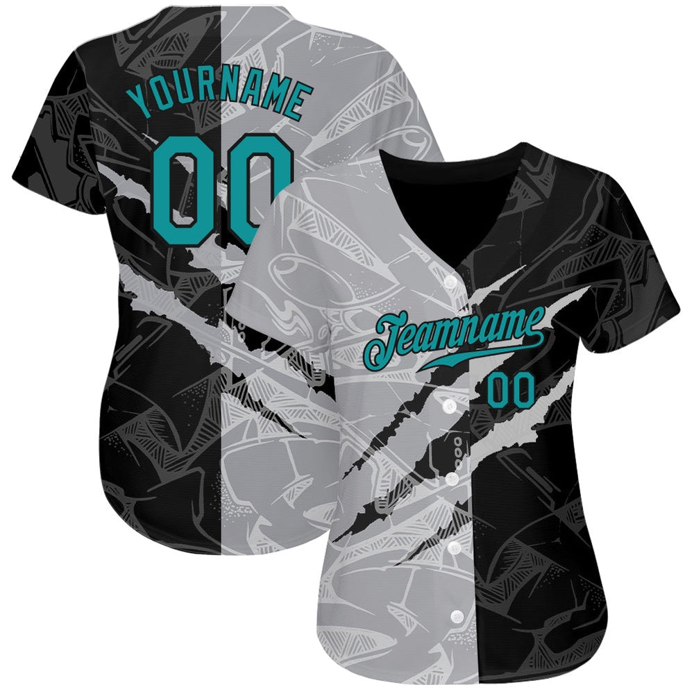 Team Jerseys Baseball, Custom Graffiti Pattern Teal Gray Black 3D Scratch Authentic Baseball Jersey, Logo Baseball Jersey