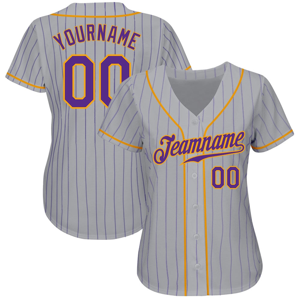 Team Jerseys Baseball, Custom Gray Purple Pinstripe Purple Gold Authentic Baseball Jersey, Logo Baseball Jersey