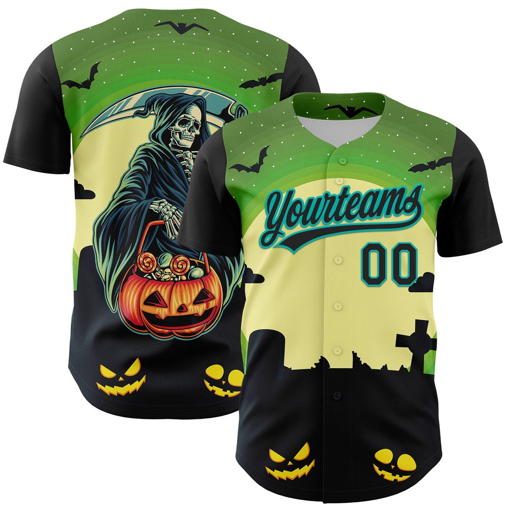 Team Jerseys Baseball, Custom Green Black Aqua 3D Halloween Authentic Baseball Jersey, Logo Baseball Jersey