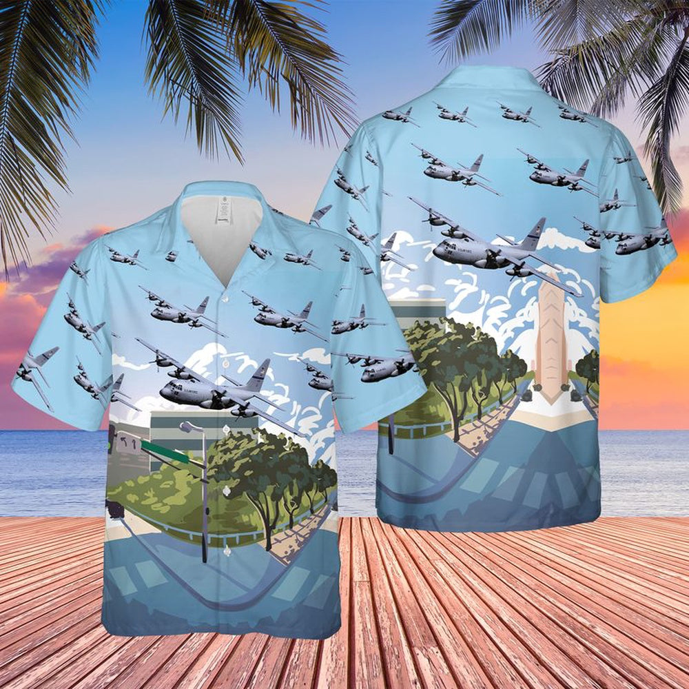 Texas Hawaiian Shirt, USAF Texas Air National Guard 136th Airlift Wing C-130H Hercules Hawaiian Shirt, Military Hawaiian Shirt