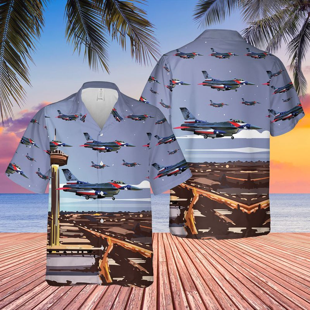 Texas Hawaiian Shirt, USAF Texas Air National Guard 182d Fighter Squadron F-16 Fighting Falcon Hawaiian Shirt, Military Hawaiian Shirt