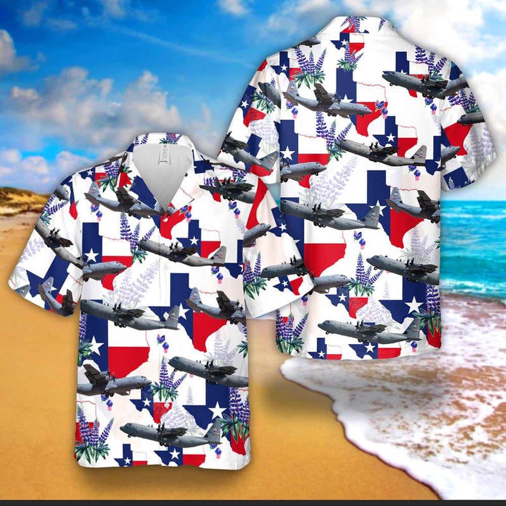 Texas Hawaiian Shirt, US Air Force Texas Air National Guard C-130J Hawaiian Shirt, Military Hawaiian Shirt