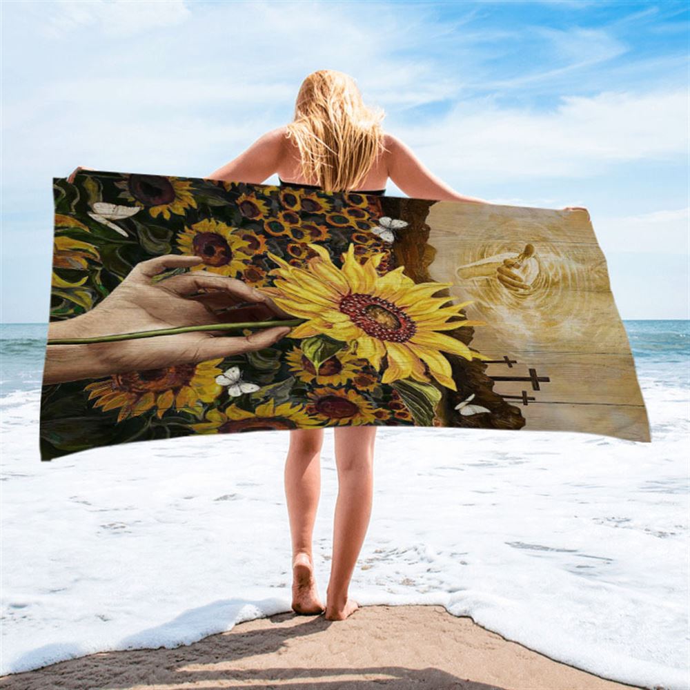 The Hand Of God Sunflower Field White Butterfly Beach Towel - Christian Art - Bible Verse Beach Towel - Religious Beach Towel