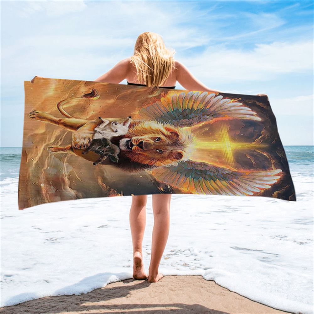 The Lion Wing Lambs Cross Beach Towel - Lion Beach Towel - Christian Inspirational Beach Towel